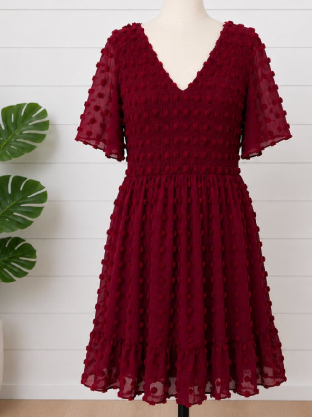 BTFBM Women's Swiss Dot Smocked Ruffle Mini Dress Size XL Wine Red